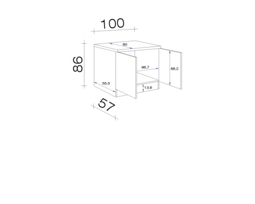 Technický výkres skříňky pod umyvadlo s rozměry