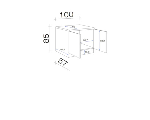Technický nákres spodní skříňky s rozměry