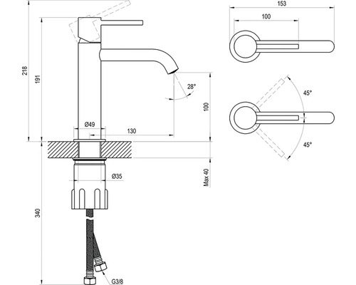 Technický výkres vodovodní baterie s rozměry