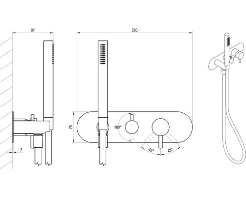 Technický nákres sprchové baterie s ruční sprchou a rozměry