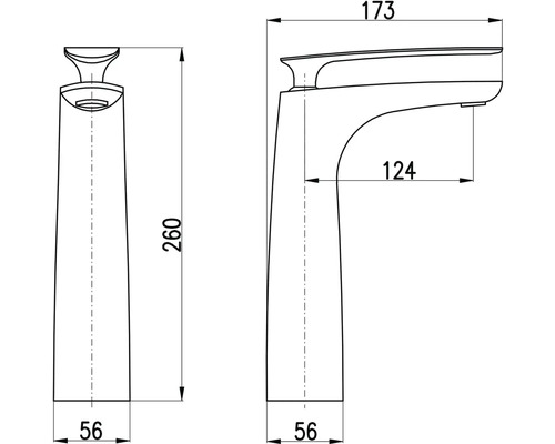 Technický nákres vodovodní baterie s rozměry