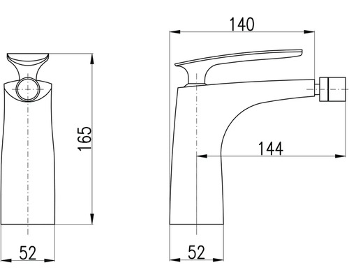 Technický nákres umyvadlové baterie s rozměry.