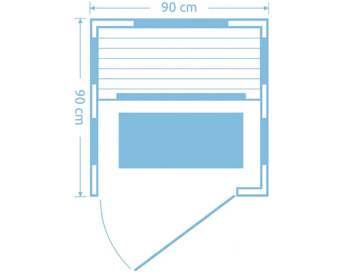 Půdorys sauny o rozměrech 90 krát 90 centimetrů.
