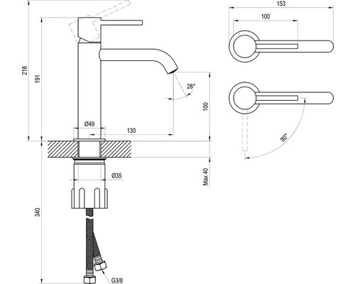 Technický výkres vodovodní baterie s rozměry