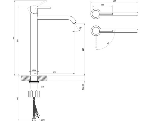 Technický výkres vodovodní baterie s rozměry