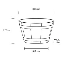 Rozměrové znázornění květináče o objemu 21 litrů a rozměrech 39,5 cm, 22,5 cm a 31,7 cm.