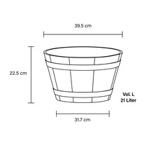 Ilustrace květináče o rozměrech 39,5 cm šířka, 22,5 cm výška a 31,7 cm hloubka a objemu 21 litrů.