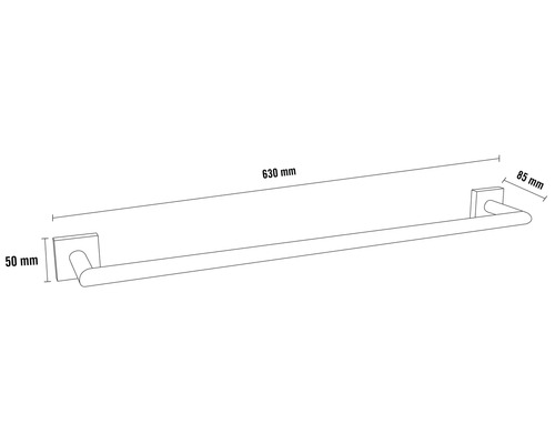 Držák na ručníky o rozměrech 630 mm délka, 50 mm výška a 85 mm šířka.