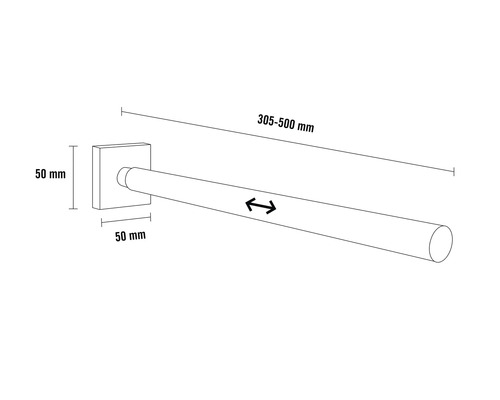 Technický výkres výsuvné tyče o rozměrech 305 až 500 milimetrů a čtvercového držáku 50 krát 50 milimetrů