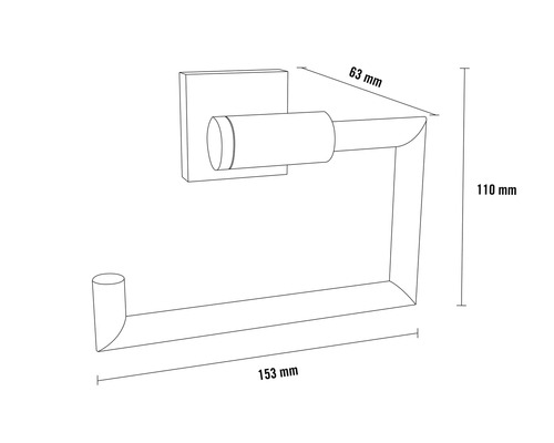 Obrázek držáku toaletního papíru s rozměry 63 mm, 110 mm a 153 mm.