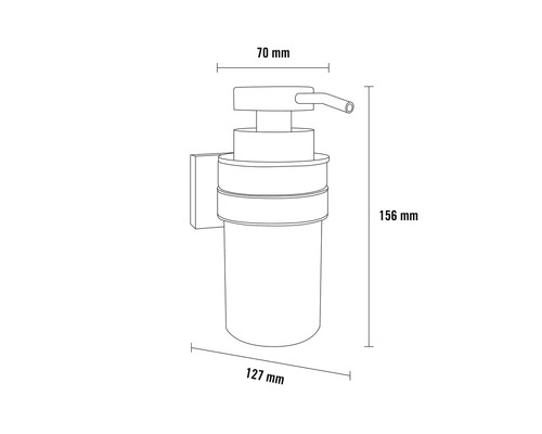Technický výkres dávkovače mýdla s nástěnným držákem a rozměry