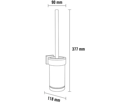 Rozměry nástěnné sady WC štětky s výškou 377 mm, šířkou 118 mm a hloubkou 90 mm.