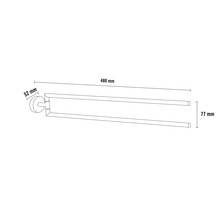Obrázek držáku na ručníky s rozměry 480 mm délka, 77 mm výška a 52 mm hloubka.