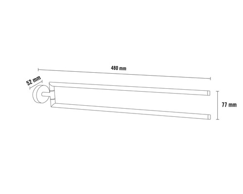 Obrázek držáku na ručníky s rozměry 480 mm délka, 77 mm výška a 52 mm hloubka.