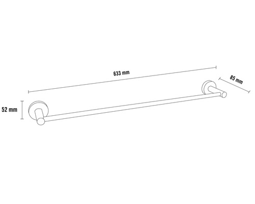 Držák na ručníky o rozměrech 633 mm délka, 52 mm výška a 85 mm hloubka.