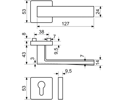 Technický nákres kliky ke dveřím s rozměry
