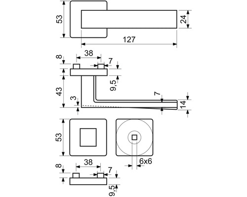 Technický výkres kliky dveří s rozměry