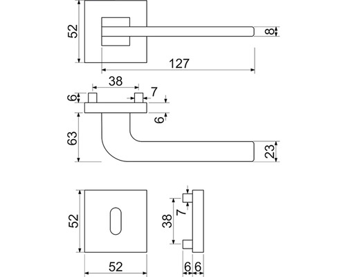 Technický výkres kliky dveří s rozměry