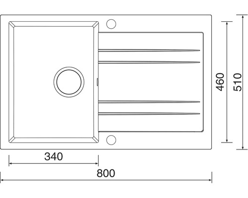 Nákres kuchyňského dřezu o rozměrech 800 x 510 mm