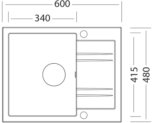 Technický nákres dřezu o rozměrech 600 x 480 milimetrů