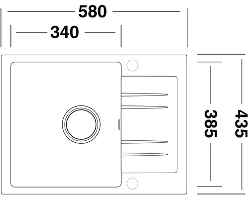 Technický nákres dřezu o rozměrech 580 x 435 milimetrů.