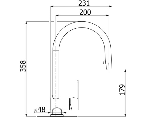 Technický nákres kuchyňské baterie s rozměry