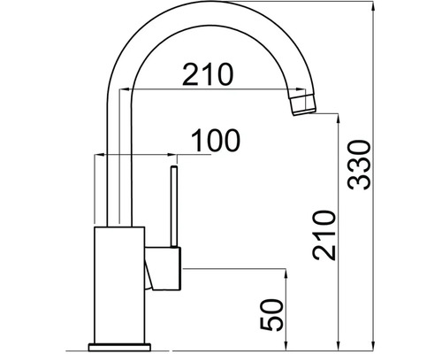 Technický nákres vodovodní baterie s rozměry.