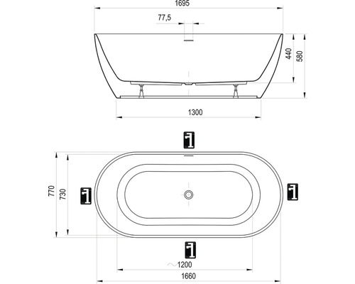 Technický výkres vany s rozměry