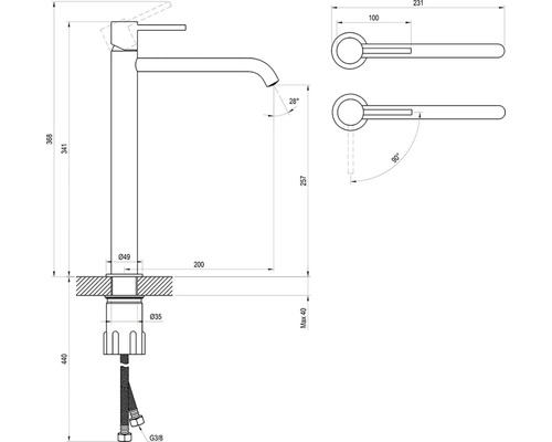 Technický výkres vodovodní baterie s rozměry