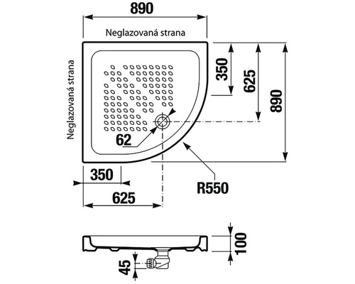 Technický nákres sprchové vaničky s rozměry