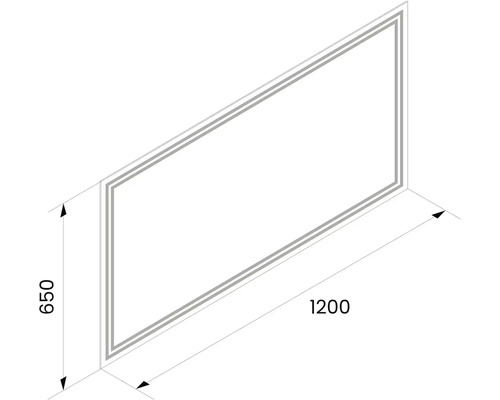 Nákres zrcadla o rozměrech 650 krát 1200 milimetrů.