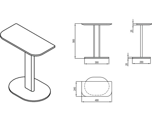 Technický výkres barového stolu s rozměry