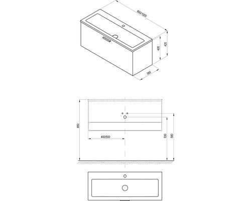 Technický nákres skříňky pod umyvadlo s rozměry