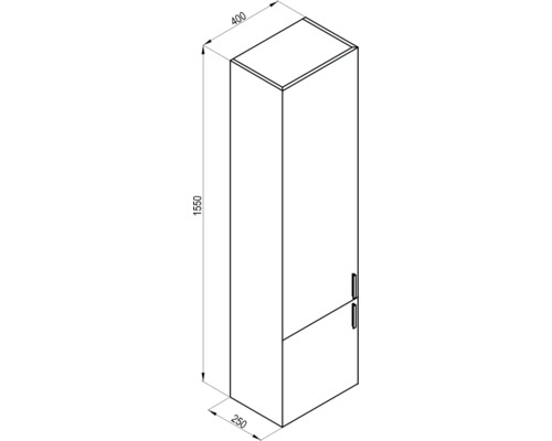 Technický nákres vysoké skříně o rozměrech 1550 x 400 x 250 milimetrů.