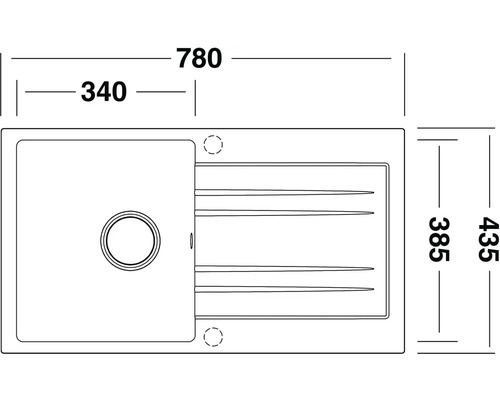 Výkres rozměrů dřezu o rozměrech 780 x 435 mm