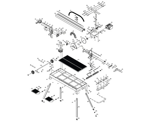 Rozkreslený nákres řezačky dlaždic s jednotlivými díly