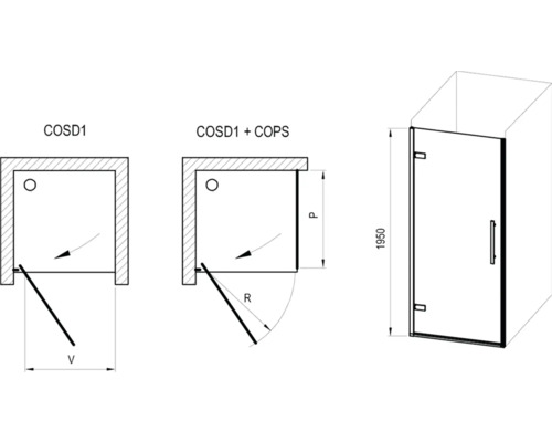 Technický nákres sprchových dveří s rozměry