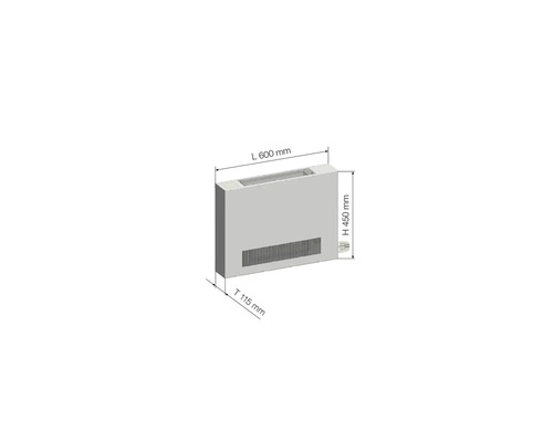 Konvektor radiátoru o rozměrech 600 mm délka, 450 mm výška a 115 mm hloubka.