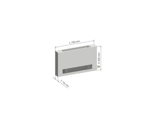 Obrázek radiátoru s rozměry délka 750 mm, výška 450 mm a hloubka 115 mm