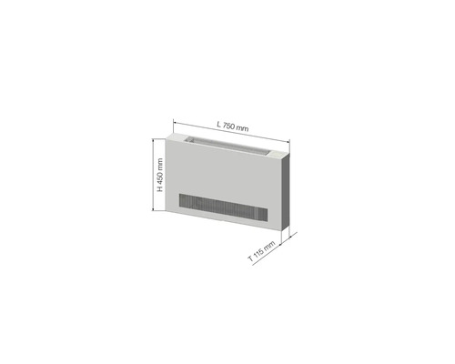 Obrázek radiátoru o rozměrech 750 mm délka, 450 mm výška a 115 mm hloubka