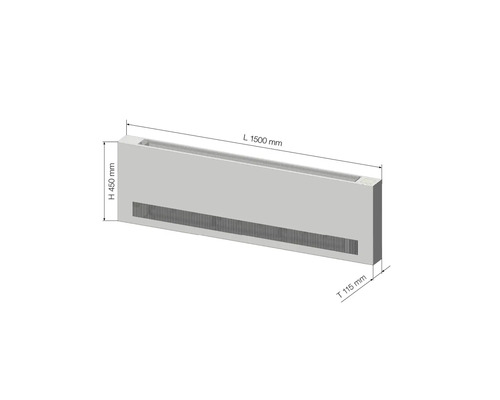 Podlahový konvektor s rozměry délka 1500 mm, výška 450 mm a hloubka 115 mm