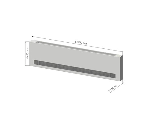 Obrázek radiátoru s rozměry délka 1750 mm, výška 450 mm a hloubka 115 mm.