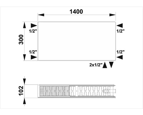 Technický nákres radiátoru s rozměry v milimetrech a palcích
