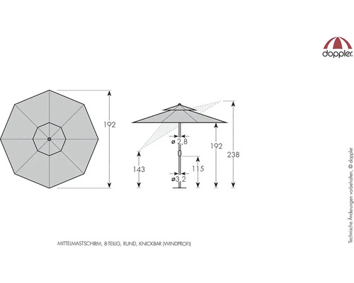 Technický nákres osmidílného, kulatého a větruodolného slunečníku se sklápěcím mechanismem a středovou tyčí.