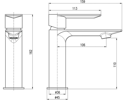 Technický výkres umyvadlové baterie s rozměry.