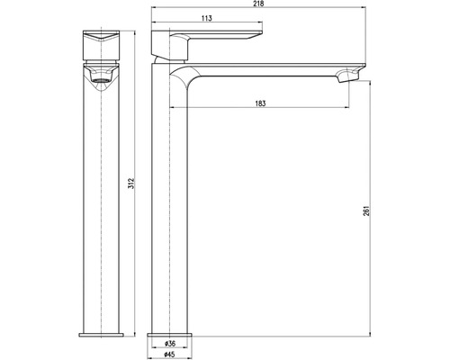 Technický výkres vodovodní baterie s rozměry.
