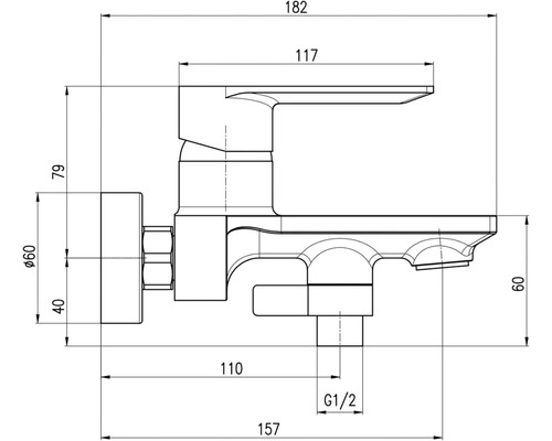 Technický výkres vodovodní baterie s rozměry