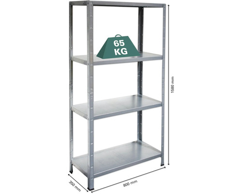 Kovový regál se třemi policemi, šířka 800 milimetrů, hloubka 350 milimetrů a výška 1580 milimetrů