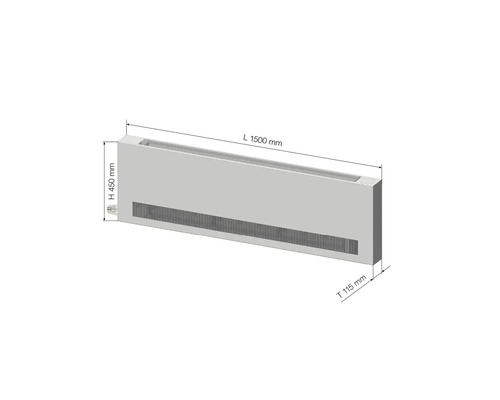 Radiátorový konvektor o rozměrech délka 1500 mm, výška 450 mm a hloubka 115 mm.