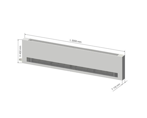 Podlahový konvektor o rozměrech délka 2000 mm, výška 450 mm a hloubka 115 mm.